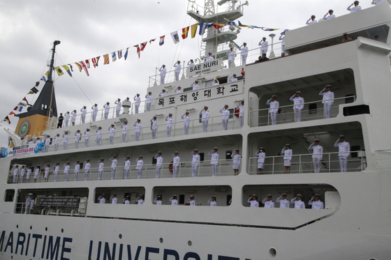 Students training to be marine officers at Mokpo National Maritime University go on a training voyage last year. [MOKPO NATIONAL MARITIME UNIVERSITY]