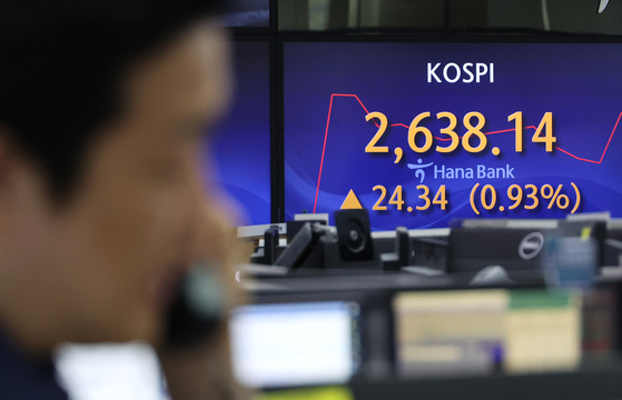 Screen in Hana Bank's trading room in central Seoul shows stock markets open on Friday. [YONHAP]