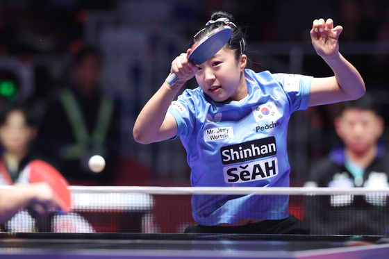 Korea's Shin Yu-bin in action during a women's team match against Malaysia at the World Team Table Tennis Championships Finals Busan 2024 held at BEXCO Convention Centre in Busan on Saturday. [YONHAP] 