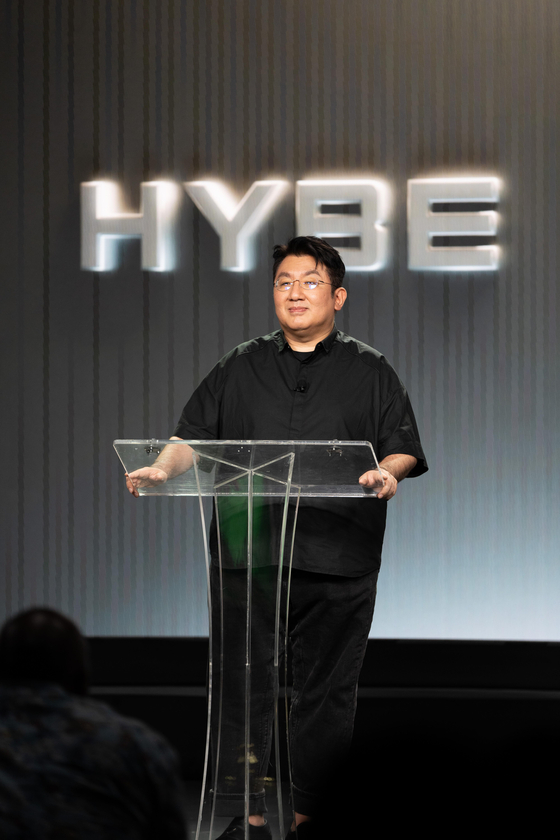 HYBE founder and chairman Bang Si-hyuk explains the company's global audition program ″The Debut: Dream Academy″ in Los Angeles on Aug. 28, 2023 [HYBE]