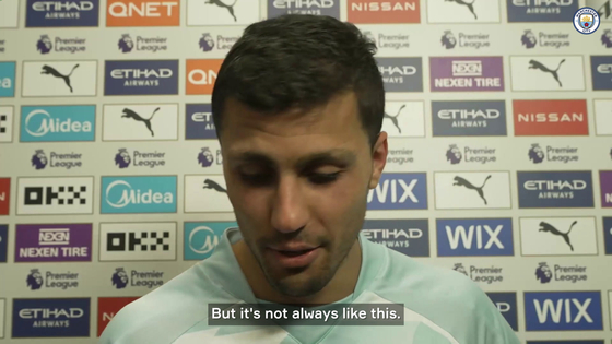Manchester City's Rodri speaks after a Premier League match against Chelsea on Saturday. [ONE FOOTBALL] 