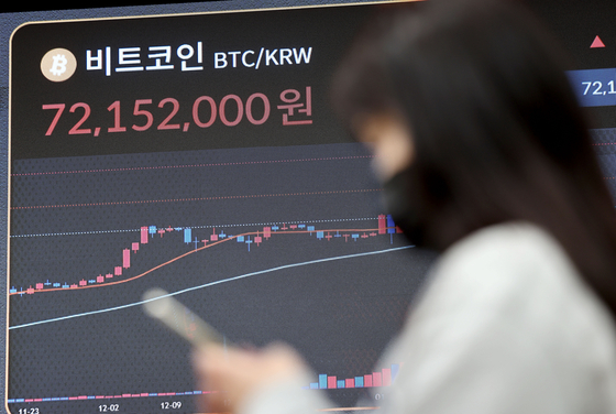 An electronic signboard of a cryptocurrency exchange in western Seoul shows the price of bitcoin increased to 72.15 million won ($54,000) during a trading session on Monday. [YONHAP]
