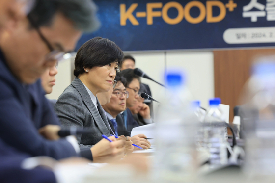 Agriculture Minister Song Mi-ryung speaks during a meeting with companies from agriculture-related sectors regarding exports in Yangjae-dong of Seocho District, southern Seoul, on Tuesday. [MINISTRY OF AGRICULTURE, FOOD AND RURAL AFFAIRS]