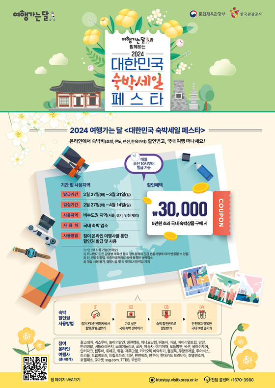 The Ministry of Culture, Sports and Tourism announced Tuesday that it will release 110,000 coupons for lodging outside the greater Seoul area starting next week in a bid to boost tourism in regional parts of the country. [MINISTRY OF CULTURE, SPORTS AND TOURISM]