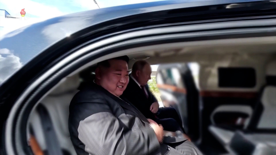 North Korean leader Kim Jong-un, left, and Russian President Vladimir Putin are seated in Putin's presidential Aurus Senat limousine at Vostochny Cosmodrome in the Russian Far East on Sept. 13, 2023, in an image from footage of the North’s state-run Korean Central Television on Sept. 20. [YONHAP]