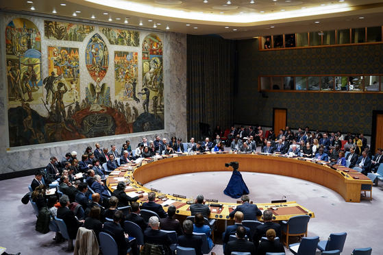 A United Nations Security Council briefing is in session at the UN headquarters in New York on Saturday. [MINISTRY OF FOREIGN AFFAIRS]