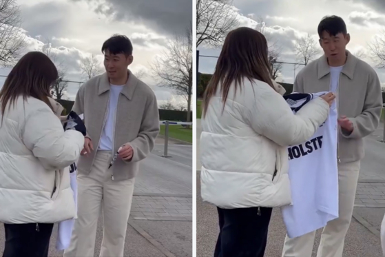 Son Heung-min, right, refuses to sign a fan’s retro jersey, as he was worried that his autograph might ruin it. The video was posted on X, formerly known as Twitter, on Saturday. [SCREEN CAPTURE]