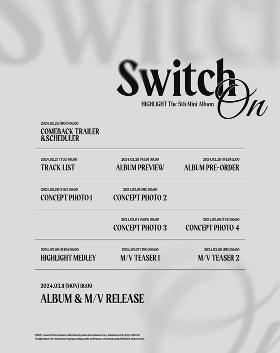 Schedule for Highlight's promotional activities for its upcoming EP ″Switch On″ [AROUND US ENTERTAINMENT]