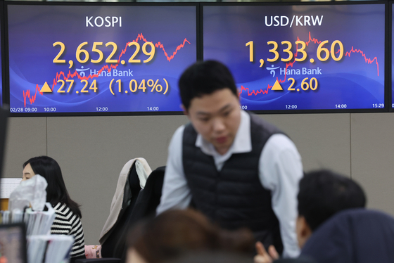 Screens in Hana Bank's trading room in central Seoul show the Kospi closing at 2,652.29 points on Wednesday, up 1.04 percent, or 27.24 points, from the previous trading session. [YONHAP]