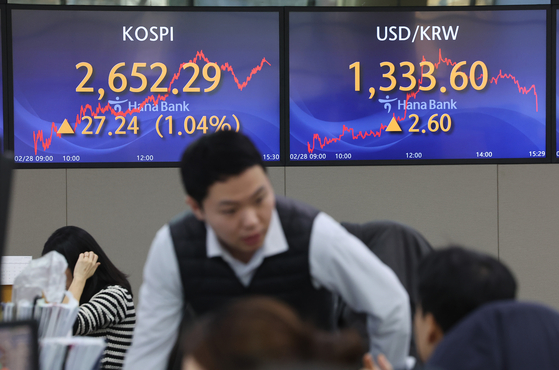 Screens in Hana Bank's trading room in central Seoul shows the stock market price as it closes on Wednesday. [YONHAP]