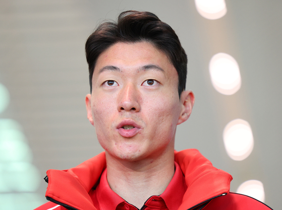 Football player Hwang Ui-jo speaks to the press at the Incheon International Airport on Feb. 6, 2023. [YONHAP]