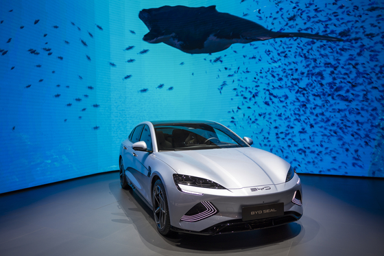 The new BYD Seal electric sedan is presented during the 91st Geneva International Motor Show in Geneva, Switzerland, on Feb. 26. [EPA/YONHAP]