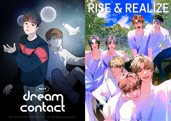 Poster images of two webtoons inspired by SM Entertainment boy bands NCT and Riize published on Kakao Page, from left: ″NCT: Dream Contact″ and ″Rise & Realize″ [KAKAO ENTERTAINMENT]