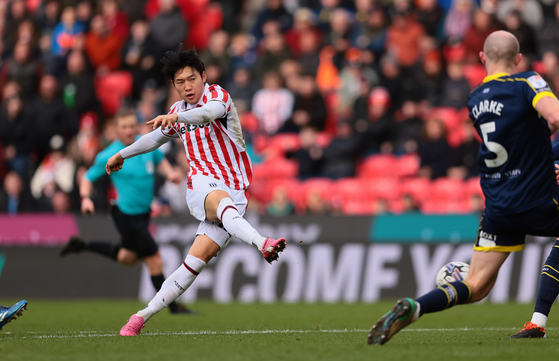 Stoke City's Bae Jun-ho scores the opening goal in a Championship game against Middlesbrough at Bet365 Stadium in Stoke, England on Saturday in a photo shared by the club's official X account.  [SCREEN CAPTURE]