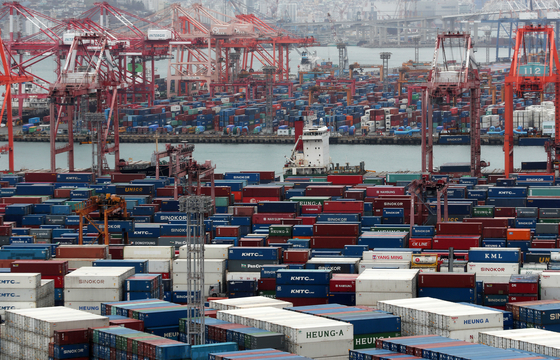 Containers are stacked at a port in Busan on Feb. 21, 2024. [NEWS1] 