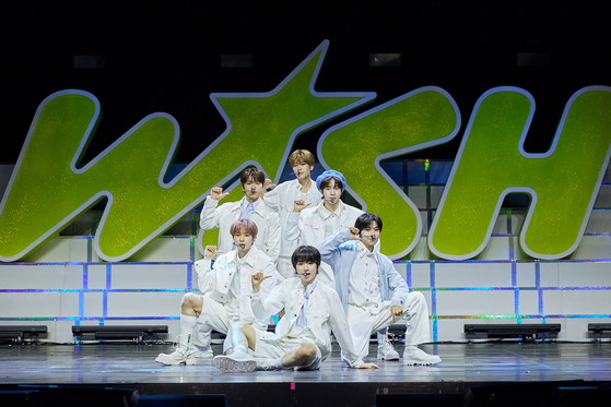 Rookie boy band NCT Wish performs ″Wish (Korean Ver.),″ its debut title track, during the band's debut press showcase held at the Blue Square Mastercard Hall in Yongsan District, central Seoul on Monday. [SM ENTERTAINMENT]