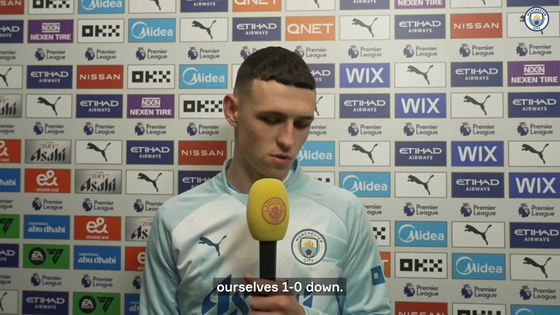 Manchester City's Phil Foden speaks after his side's 3-1 win over Manchester United in the Premier League on Sunday. [ONE FOOTBALL] 