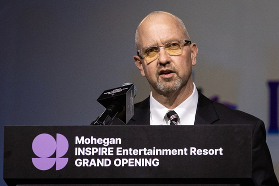 James Gessner Jr., the chairman of the Mohegan Tribe and the MGE Management Board, speaks during the grand opening ceremony of Inspire Resort in Incheon on Tuesday. [NEWS1]