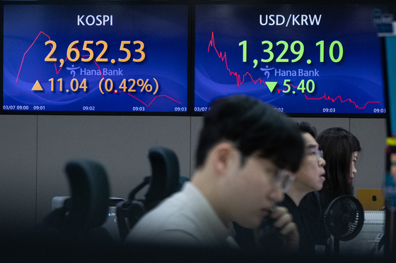 Screens in Hana Bank's trading room in central Seoul shows the stock market price as it opens on Thursday. [NEWS1]