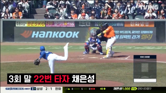 A graphic on the Tving broadcast of a game between the Samsung Lions and Hanwha Eagles incorrectly labels Chae Eun-seong as the No. 22 batter in an image posted on social media on Saturday. He was actually batting fifth.  [SCREEN CAPTURE]
