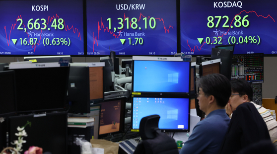 Screens in Hana Bank's trading room in central Seoul shows the stock market price as it opens on Monday. [YONHAP]