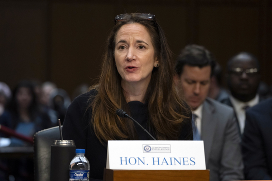Director of National Intelligence Avril Haines speaks during a hearing of the Senate Intelligence Committee in Washington on Monday. [AP/YONHAP]