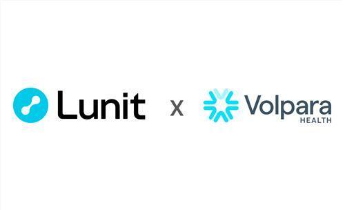 The corporate logos of Lunit and Volpara Health are seen in this image provided by Lunit. [YONHAP] 