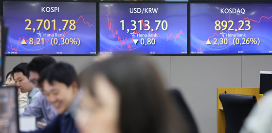 Screens in Hana Bank's trading room in central Seoul show the stock market price as it opens on Thursday. [YONHAP]