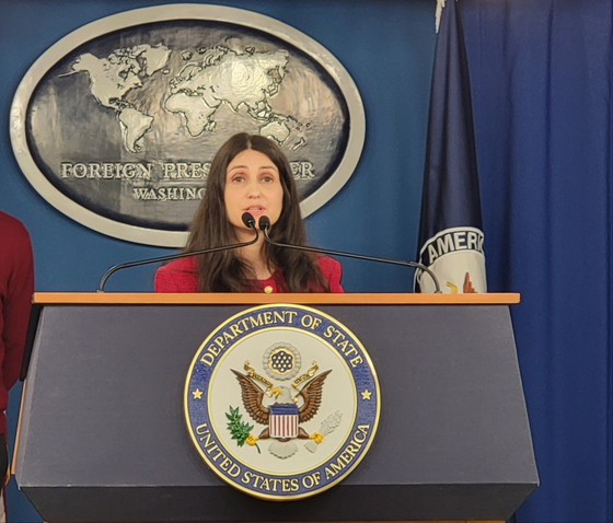 Kelly Razzouk, U.S. National Security Council (NSC) senior director for democracy and human rights, speaks during a press briefing at the Foreign Press Center in Washington on Wednesday. [YONHAP]