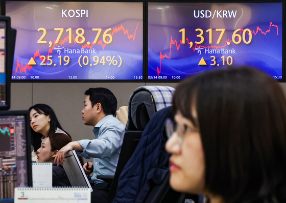 Screens in Hana Bank's trading room in central Seoul shows the stock market price after it closed on Thursday. [YONHAP]