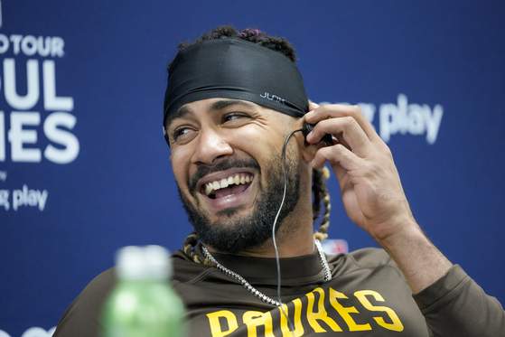 San Diego Padres' Fernando Tatis Jr. reacts during a news conference at Gocheok Sky Dome in western Seoul on Saturday.  [AP/YONHAP]