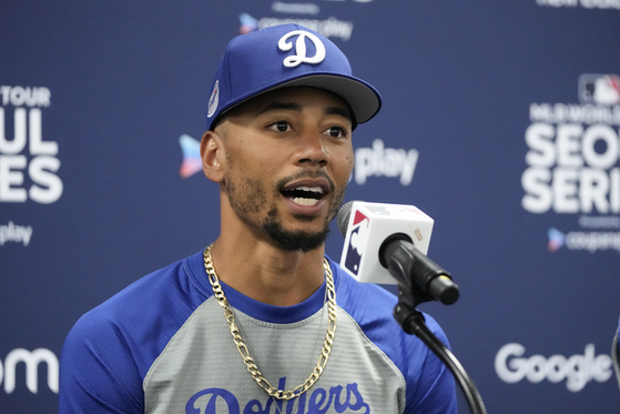 Los Angeles Dodgers' Mookie Betts speaks during a press conference ahead at Gocheok Sky Dome in western Seoul on Saturday.  [AP/YONHAP]