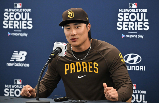 San Diego Padres' Kim Ha-Seong speaks during a press conference at Gocheok Sky Dome in western Seoul on Saturday. [AFP/YONHAP]