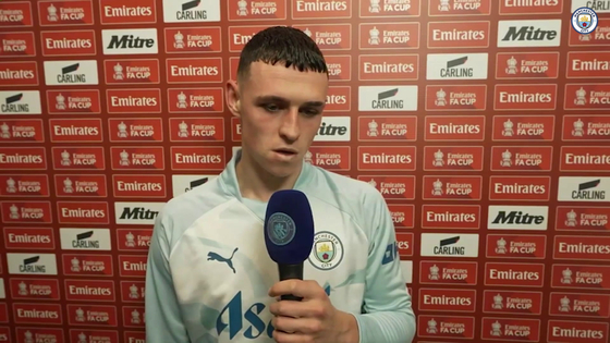 Manchester City's Phil Foden speaks after his side's 2-0 win over Newcastle United in the FA Cup quarterfinals on Saturday. [ONE FOOTBALL] 
