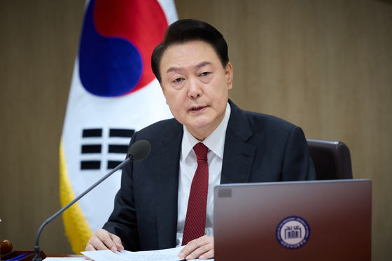President Yoon Suk Yeol speaks at a Cabinet meeting at the presidential office in Yongsan, central Seoul on Tuesday. [PRESIDENTIAL OFFICE]