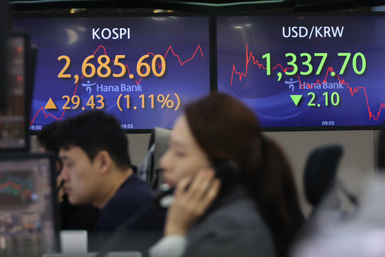 Screens in Hana Bank's trading room in central Seoul show the stock market price as it opens on Wednesday. [YONHAP]
