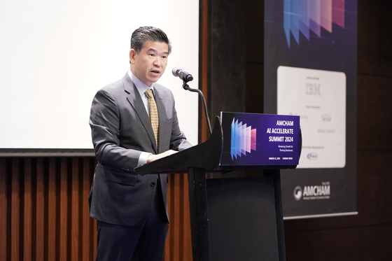 Amcham Chairman & CEO James Kim speaks during the AI Accelerate Summit 2024 at the Conrad Seoul Hotel Thursday. [AMCHAM]