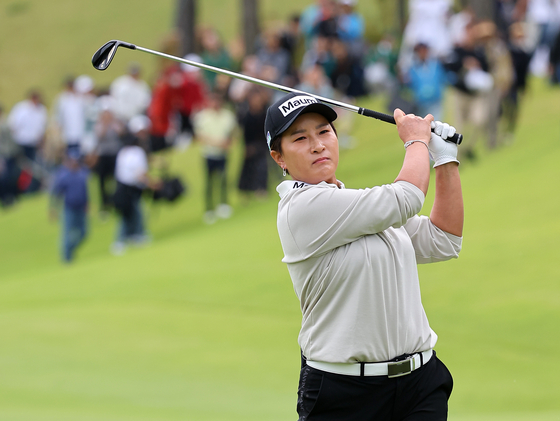Pak Se-ri hits a shot during the Maum Seri Pak World Match, a charity match play event, at Stonegate Country Club in Busan on Oct. 7, 2023. [YONHAP] 
