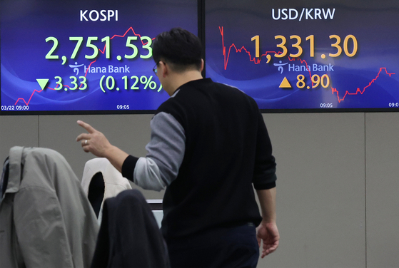 Screens in Hana Bank's trading room in central Seoul show the stock market price as it opens on Friday. [YONHAP]