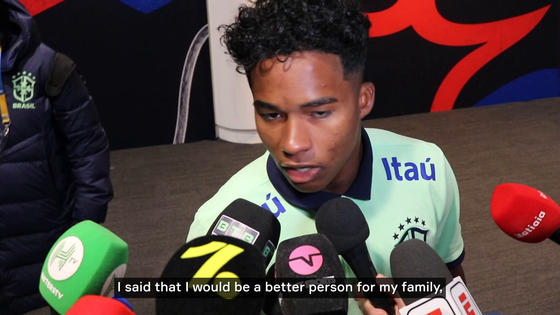 Brazil's Endrick speaks after a 1-0 win over England at Wembley on Saturday. [ONE FOOTBALL] 