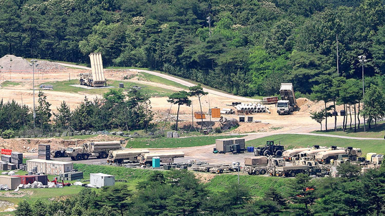The United States Forces Korea base in Seongju, North Gyeongsang, on June 22, 2023. The Terminal High Altitude Area Defense battery can be seen pointed skyward on the left. [YONHAP]