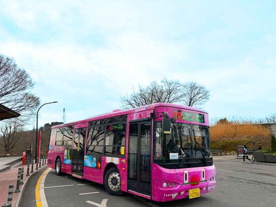A bus featuring the capital's mascot Hechi travels near Namsan in downtown Seoul in a photo shared by the city government on Sunday. [SEOUL METROPOLITAN GOVERNMENT]