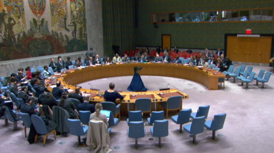 The UN Security Council votes on a resolution to extend the mandate of the Security Council's panel of experts on North Korea for another year on March 28, 2024. [SCREEN CAPTURE]
