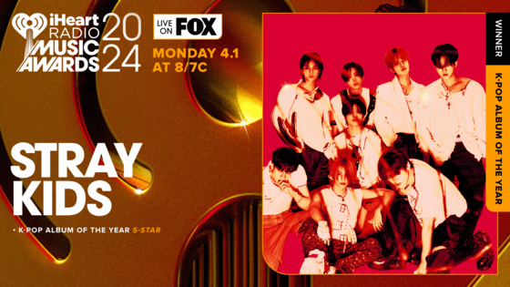 Boy band Stray Kids, winner of the K-pop Album of the Year award at the 2024 iHeartRadio Music Awards [2024 IHEARTRADIO MUSIC AWARDS]