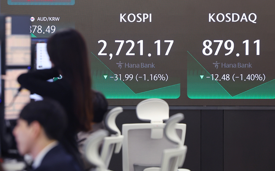 A screen in Hana Bank's trading room in central Seoul shows the stock market prices as it opens on Wednesday. [YONHAP]