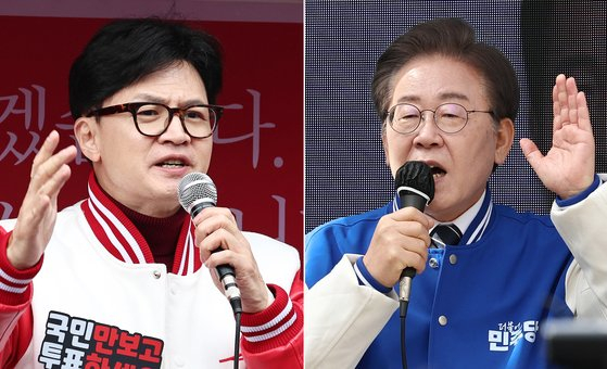 People Power Party leader Han Dong-hoon, left, and Democratic Party leader Lee Jae-myung rally support for their respective campaigns in Seoul and Incheon on Saturday. [NEWS1]