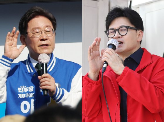 Left: Democratic Party leader Lee Jae-myung campaigns in front of Seoun Catholic Church in Incheon on Sunday. Right: People Power Party leader Han Dong-hoon campaigns for the party's candidate in Yongho-dong, Nam District, in Busan on Monday. [YONHAP/NEWS1]