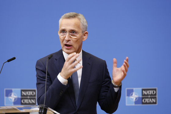 North Atlantic Treaty Organization (NATO) Secretary General Jens Stoltenberg addresses a media conference during a meeting of NATO foreign ministers at the organization's headquarters in Brussels on Wednesday. [AP/YONHAP]