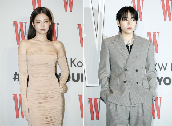 Singers Jennie, left, and Zico attend a breast cancer awareness campaign in Jongno District, central Seoul, on Nov. 24, 2023. [NEWS1]