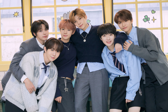 Boy band NCT Wish poses for photos prior to an interview with the local press on April 3 in eastern Seoul. [SM ENTERTAINMENT]